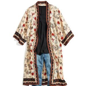 Max Studio| Boho Cream & Navy Blue Floral Maxi Kimono Robe w/Red Accents Sz XL